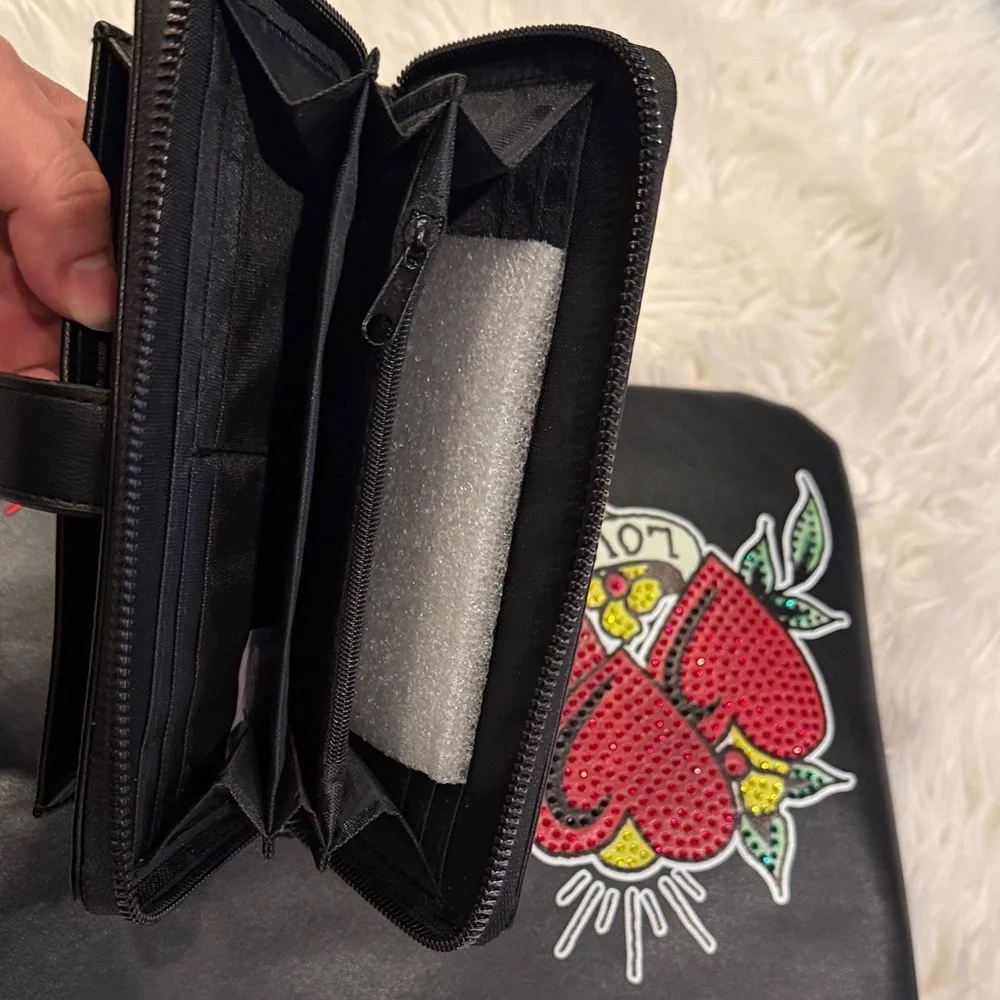 NWT Ed Hardy Black Shoulder Bag and Wallet with Red Heart Motif